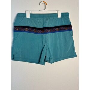 Vintage Wave Runner Mens Teal Blue Nylon Swim Trunks Geometric Tribal Medium